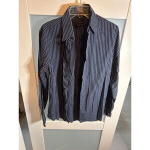 Mens Modern Fit Navy/White Striped Button-Up Shirt S Stretch Cotton Blend 46-100